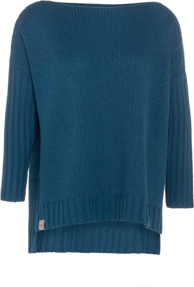 Knit Factory Kylie Gebreide Dames Trui - Trui dames winter - Pullover dames - lange mouw - Wintertrui - Damestrui - Boothals - Petrol - Donkerblauw - 46/54 - Grote maten dames kleding