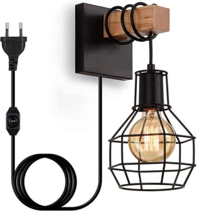Industriële Wandlamp - Retro Design - Zwart Met Houten Details - Dimbaar