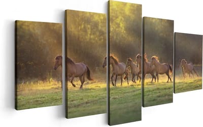 Artaza Canvas Schilderij Vijfluik Kudde Bruine Paarden In De Wei - 100x50 - Foto Op Canvas - Canvas Print
