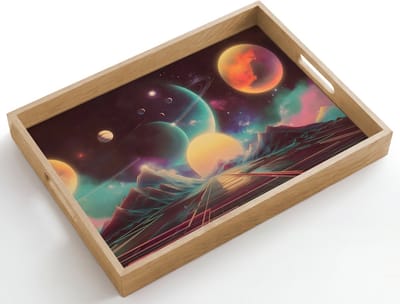 Dienblad hout 50x35 cm - Schootdienblad - Planeten - Neon - Berglandschap - Zon - Borrelplank rechthoek - Plateau dienbladen