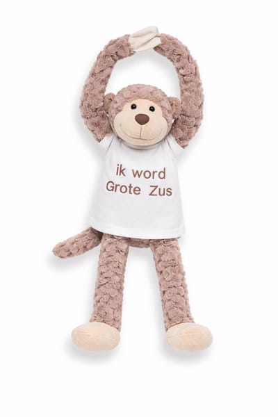 Knuffel Aap met Geborduurd Shirt “Ik word grote zus” – Zwangerschap Aankondiging – Cadeau Grote Zus – Knuffel met Tekst – Baby Aankondiging – slinger aap