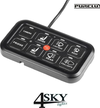 Purelux Multi-Switch Dashboard Controller – 8 Knoppen, 10-30V tot 600 watt op 12V voor led verstralers | Led bar | Led werklampen | flitsers | zwaailamp