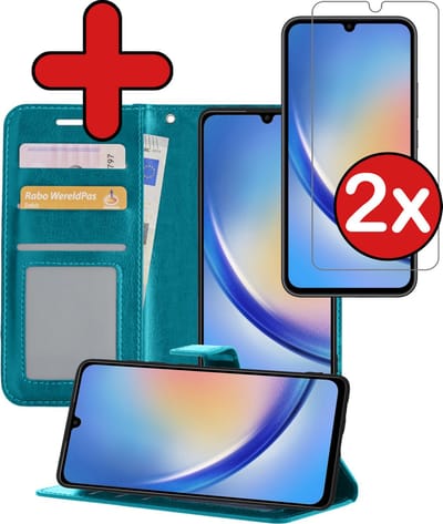 Hoesje - Met 2x Screenprotector - Geschikt voor Samsung Galaxy A34 - Luxe Pasjeshouder - Flip Case - Bookcase Portemonee - Kunstleer Book Case - Flipcase Hoes - Book Cover - Walletcase - Portemonneehoes - Telefoonhoes - Turquoise