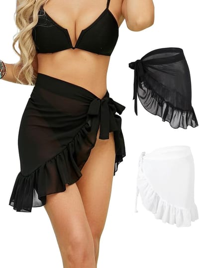 2 stuks dames pareo strand - Dames Sarong Wikkeljurk - Chiffon Semi-transparante Dames Strandbedekking - Badpakbedekking - Strandwikkeljurk - Zwart en Wit - 90*47 cm - voor poolparty's, strandfeesten en resorts - Cyslmuk®
