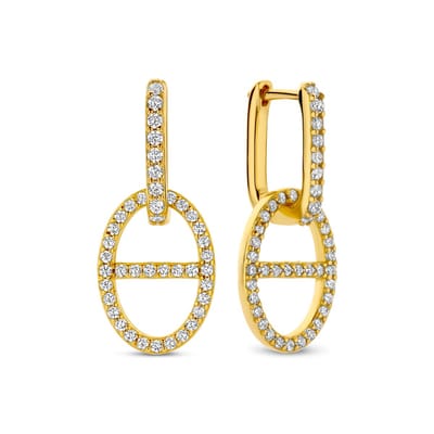 New Bling - 9NB-1617 - Zilveren Ovale Monogram Oorbellen met Zirkonia – Goudkleurig – Dames Oorbellen