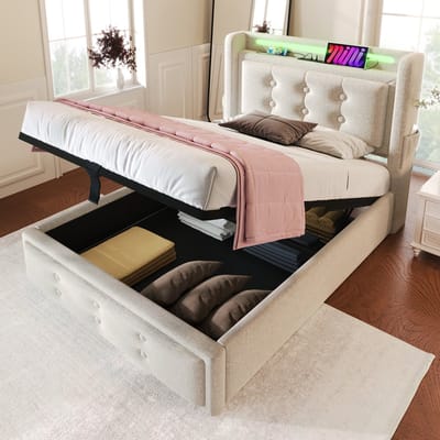 MODFU Ledikant 90x200 cm – Katoen-linnen beige – Met LED-hoofdbord, opbergruimte & plank