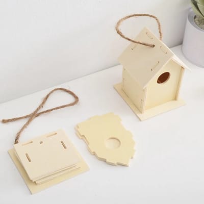 OLOEY Houten vogelhuisje- mini hangend vogelhuisje van natuurlijk onafgewerkt hout- vogelhuisjes voor kinderen- hangende lentedecoratie voor buiten