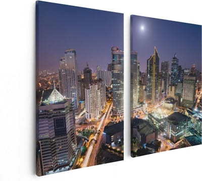 Artaza Canvas Schilderij Tweeluik Makati Stad Skyline in de Nacht in Thailand  - 80x60 - Foto Op Canvas - Canvas Print