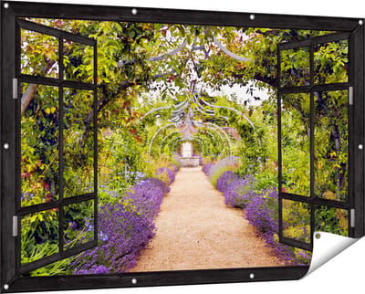 Gards Tuinposter Doorkijk Lavendel Pad - 150x100 cm - Tuindoek - Tuindecoratie - Wanddecoratie buiten - Tuinschilderij