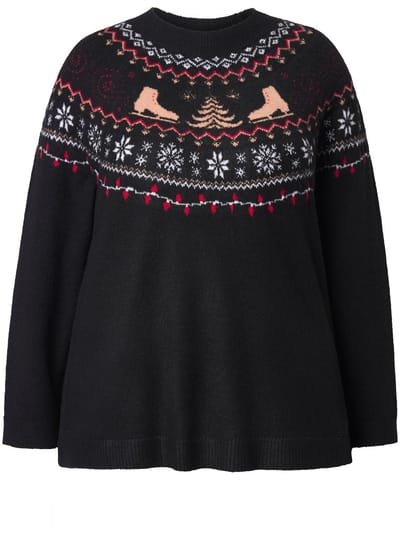 Ulla Popken - Dames - Kersttrui Noors motief opstaande kraag lange mouwen - Zwart - Maat 46+