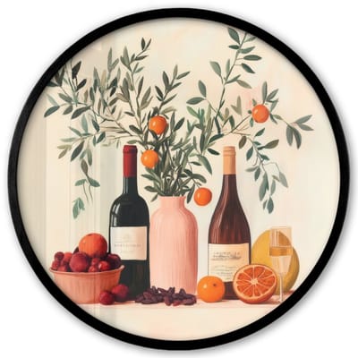Poster in lijst Rond - Fotolijst 40x40 cm - Posters - Wijnflessen - Takken - Sinaasappels - Ronde posterlijst zwart - Decoratie - Wanddecoratie woonkamer - Muurdecoratie slaapkamer