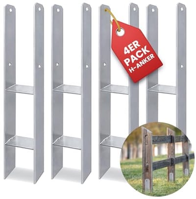 H-anker paalanker set van 4, 600 x 121 x 6 mm voor palen 12 x 12 cm