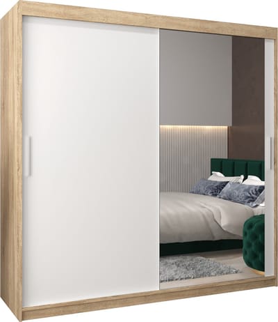InspireMe - Kledingkast met 2 schuifdeuren, Modern-stijl, Kledingkast met planken (BxHxD): 200x200x62 - TORM II 200 Sonoma Eik + Wit Mat