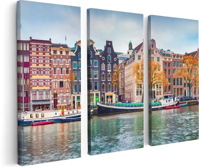 Artaza Canvas Schilderij Drieluik Amsterdamse Huisjes Vanaf De Gracht - 120x80 - Foto Op Canvas - Canvas Print