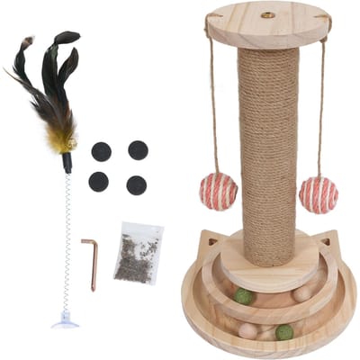 Kattenkrabpaal Houten Interactief Verminder Verveling Bevorder Beweging Draaitafel Bal Speelgoed voor beige
