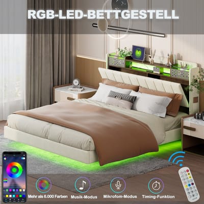 STILVORA Gestoffeerd bed 140x200 cm – Tweepersoonsbed met opberghoofdeinde en USB – LED-sfeerverlichting – Linnen stof – Beige – Zonder matras