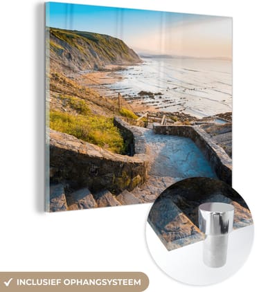 MuchoWow® Glasschilderij 50x50 cm - Schilderij acrylglas - Zee - Trap - Stenen - Foto op glas - Muurdecoratie woonkamer - Wanddecoratie slaapkamer - Schilderijen