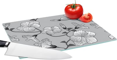 Glazen Snijplank - 28x20 - Hibiscus - Grijs - Tropisch - Patroon - Snijplanken Glas