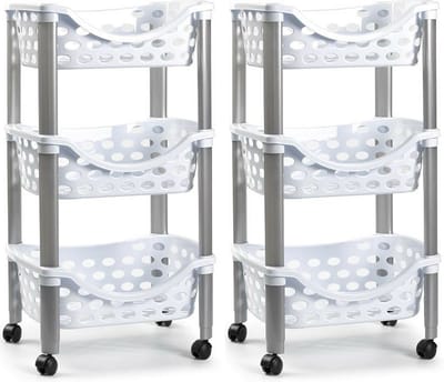 Plasticforte keukentrolley - 2x stuks - 3 laags - kunststof - wit - 40 x 65 cm - opslag rekjes