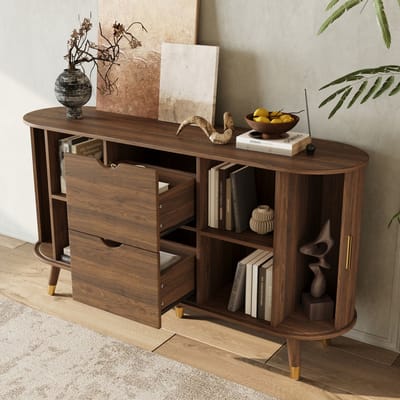 DESMIU Dressoir - Verticale Houtnerf Met Schuifdeuren En Lades - Voor Woonkamer Hal En Eetkamer - MDF In Walnootkleur - 140x40x79,5 Cm