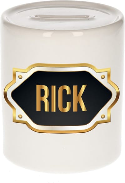 Spaarpot met voornaam Rick - wit - met goud/zwart embleem - 8 x 9 cm - keramiek - met afsluitdop - cadeau verjaardag