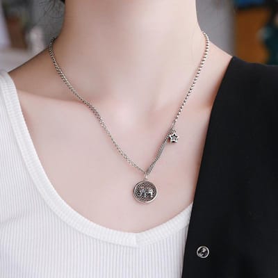 S925 Sterling Zilver Retro Driedimensionale Olifant Voorspoedige Ketting Ins Koude Wind Persoonlijkheid Wild Hip-hop Sleutelbeenkettinkje gray