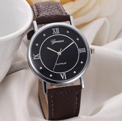 Hidzo Horloge Geneve Platinum Ø 37 mm - Bruin - Kunstleer