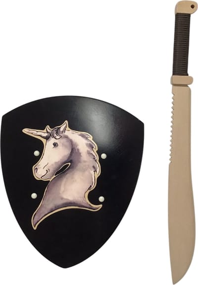 WOODSY ® Houten kapmes met ridderschild Eenhoorn Machete klewang Ridder zwaard ridderschild kinderzwaard ridderzwaard carnaval
