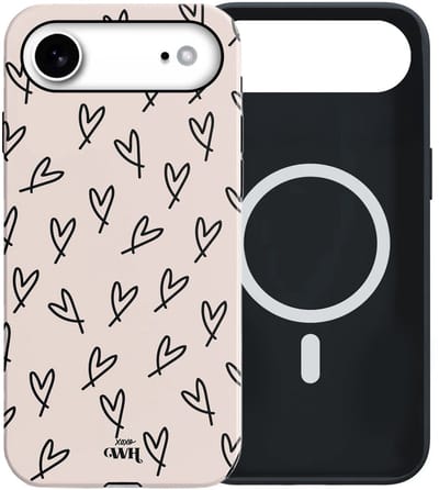 xoxo Wildhearts All Yours - Double Layer - Hoesje geschikt voor iPhone 17 Air MagSafe case - Siliconen hoesje met hartjesprint - Hartjes - Magnetisch telefoonhoesje - Magneet case - Optimale bescherming - Dubbele beschermlaag - Beige - Zwart