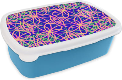 Broodtrommel Blauw - Lunchbox - Brooddoos - Bloemen - Neon - Patroon - 18x12x6 cm - Kinderen - Jongen