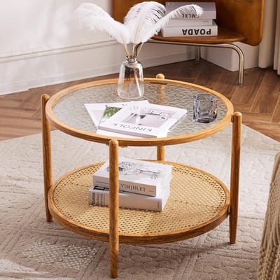 Rotan Salontafel - Ronde Tafel Glas - Woonkamer Opbergen - Watergolf Glas Design - 65 cm - Walnoot