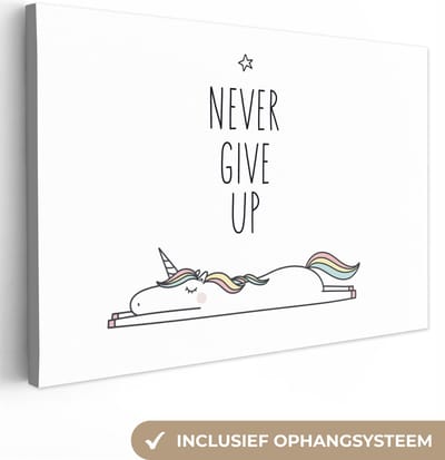 Kinderkamer decoratie - Eenhoorn - Quotes - Never give up - Quotes - Wanddecoratie meisjes - Canvas schilderij kinderen - Canvas doek kids - 30x20 cm