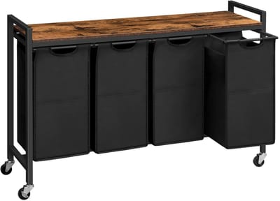 Home & Beyond® Wassorteerder met 4 Vakken en Bovenblad - Wasmand op Wielen met Uitneembare Waszakken - Zwart en Vintage Houtlook - 110,5 x 33 x 74,5 cm