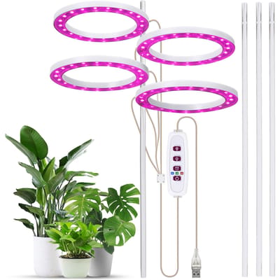 Kweeklampen voor kamerplanten 4 koppen 6,2 W 301,7 lm 80 LED 4000 K USB-aangedreven kweeklamp 8 uur/12 uur/16 uur 4 Heads Pink Purple Light