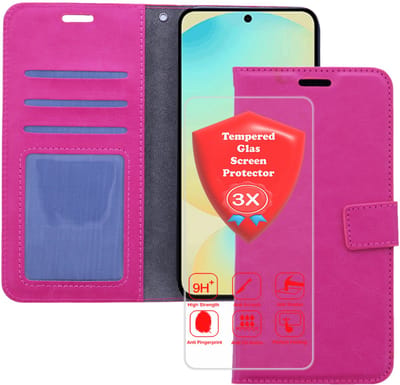 Bookcase Geschikt voor: Samsung Galaxy S25 Roze - Portemonnee hoesje met 3x Glas Screen protector - Book Cover