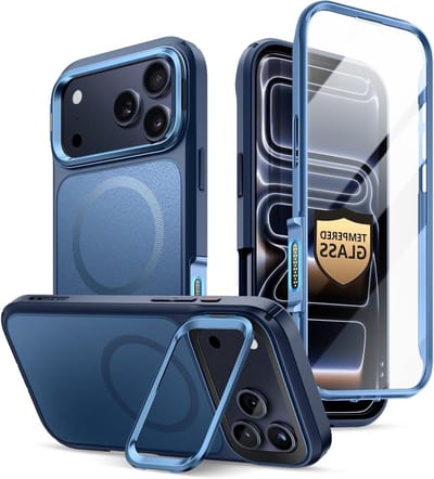 Robuuste MagSafe Hoes voor iPhone 17 Pro Max met Stand en 9H Gehard Glas Screen Protector - Militaire Bescherming, Camera Controle en Magnetische Bevestiging - 6.9'', Blauw