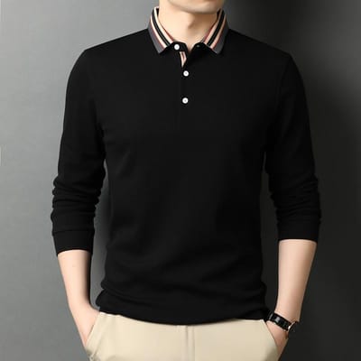 Lente en Herfst Nieuw Heren Polo Shirt met Lange Mouwen Revers Revers Effen Kleur Losse Heren Top voor Jonge en Middelbare Heren 3XL black