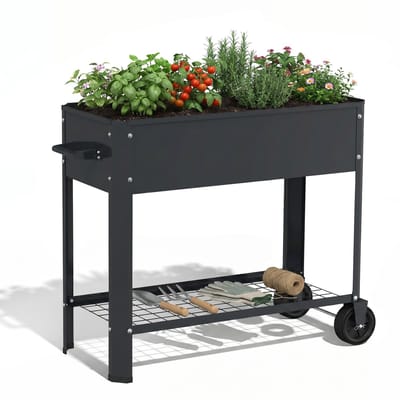 ACXIN Verhoogde Plantenbak - Bloembak Metalen Tuinbak Moestuinbak Met Opslag - Roestvrij Weerbestendig - 80x35x80cm 56L - Zwart - Met wielen