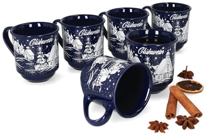 3160110 - Set van 6 glühwein mokken in donkerblauw met kerstlandschap 0.2L gekalibreerd ZONDER LICHT