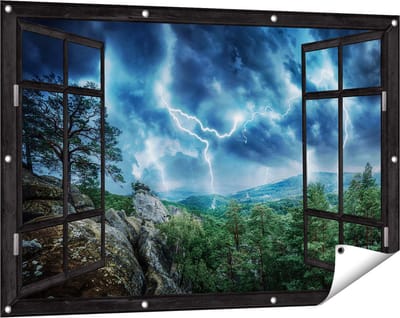 Gards Tuinposter Doorkijk Onweer in het Bos - Bliksem - 120x80 cm - Tuindoek - Tuindecoratie - Wanddecoratie buiten - Tuinschilderij