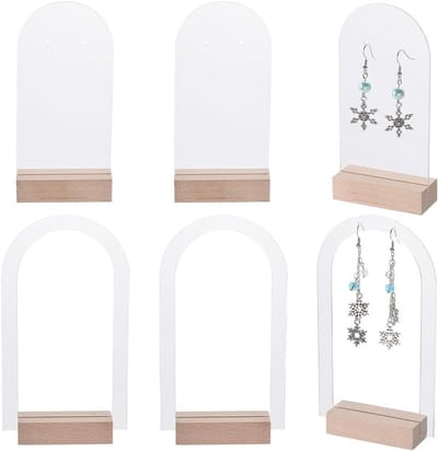 Set van 6 Acryl Oorbellenhouders - Transparante Sieradenstandaard met Houten Basis - Oorbellenopbergoplossing voor Organisatie