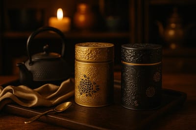 Bewaarblikken Yumiko – set van 2 – 500 gram – Tinplate – Goud & zwart bloemenreliëf – Thee- en koffiebussen met slipdeksel – stijlvol & ruim formaat