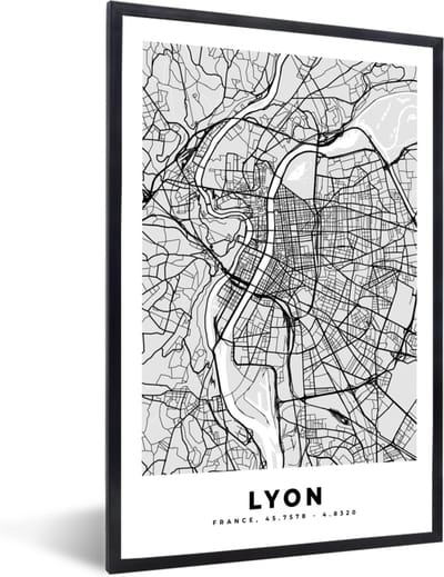 Fotolijst incl. Poster - Plattegrond - Lyon - Stadskaart - Kaart - Frankrijk - 40x60 cm - Posterlijst