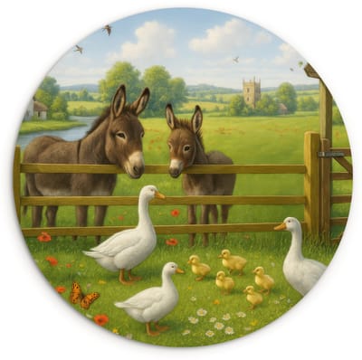 WallCircle® Wandcirkel 120x120 cm - Muurcirkel Ezels - Ganzen - Kleurrijk - Muurdecoratie woonkamer - Wanddecoratie slaapkamer - Kamer decoratie accessoires - Ronde schilderijen XXL