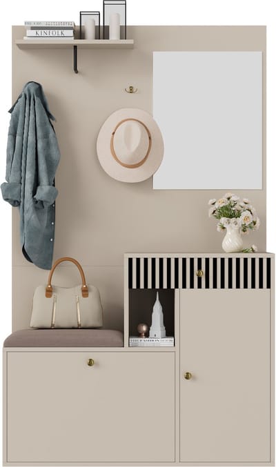 Halkasten - 110x185,5x37 cm - Kompaktgarderobe Met Spiegel, Polsterkissen, Flurschrank, Regal, Schuhschrank - Hout - Natuurlijk
