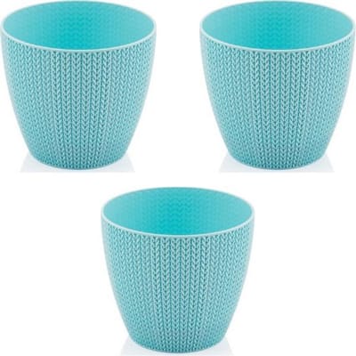 3 bloempotten - blauw - gehaakt - Serinova - kruidenpotten - skye blue - limited edition - opvangschaal