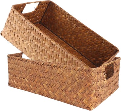 Opbergmanden van zeegras - Set van 2 gevlochten opbergmanden 34 x 23 x 11 cm voor badkamer, slaapkamer en eetkamer