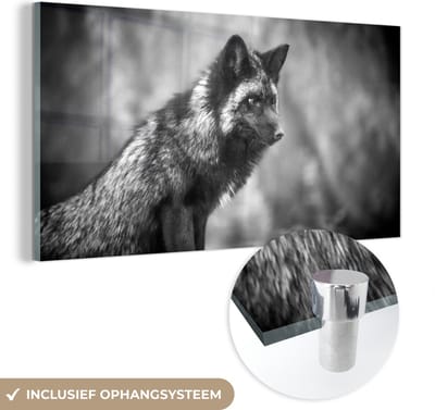 MuchoWow® Glasschilderij 120x60 cm - Schilderij acrylglas - Vos - Zwart - Wit - Foto op glas - Schilderijen