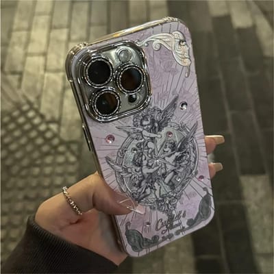 Retro Europese Cupido Engel Aurora Laser Telefoonhoesje Voor iPhone 16 15 14 13 12 Pro Max 11 INS Luxe Glitter Lens Beschermhoes For iphone 11 gray
