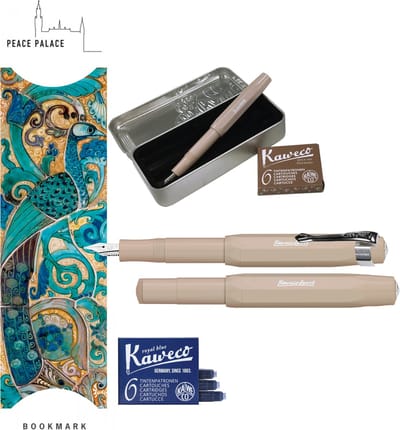 Kaweco Cadeauset (6 delig) Blikje, Vulpen bruin  M, Clip, Boekenlegger  Peace Palace turkoise, 2 doosjes vullingen